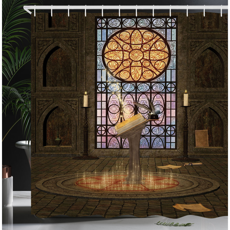 Astoria Grand Gothic Shower Curtain Pentagram Magic Candles Olive Green Mustard Wayfair